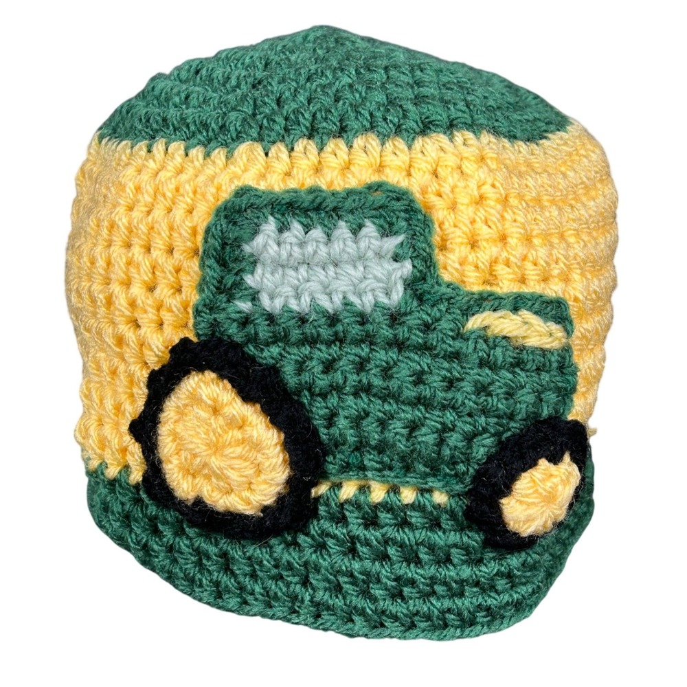 Handmade Crochet Green Tractor Beanie Kids‎ Striped Knit Winter Hat Yellow Green